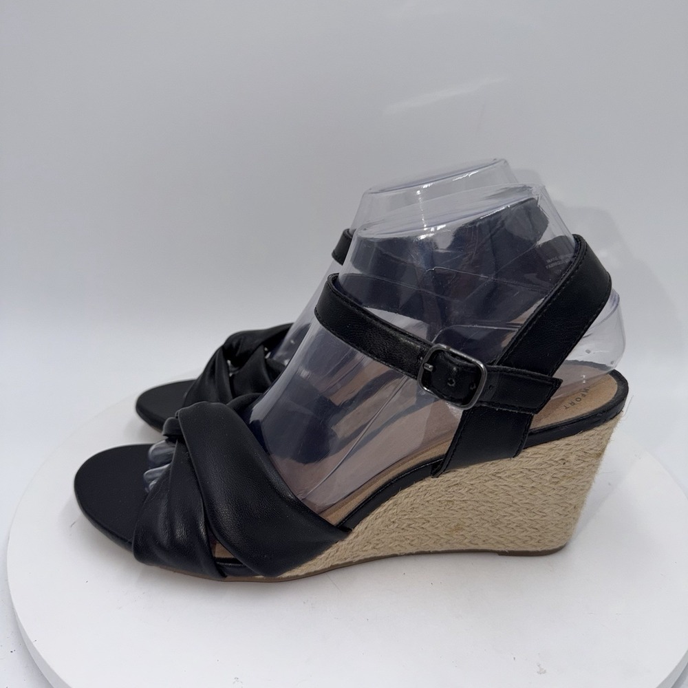 Clarks Collection Margee Beth Black Leather Wedge Espadrille Sandals Women's 8.5